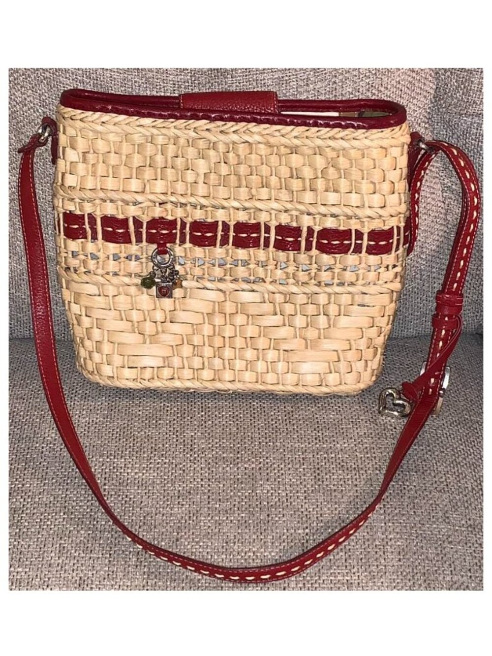 Brighton Straw & Red Leather Purse Handbag w/ Magnetic Closure & Charms